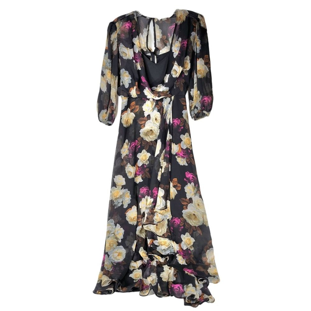 Black Floral Cross V-neck Tulip Hem 3/4 Sleeve Chiffon Midi Dress - Calvin Klein